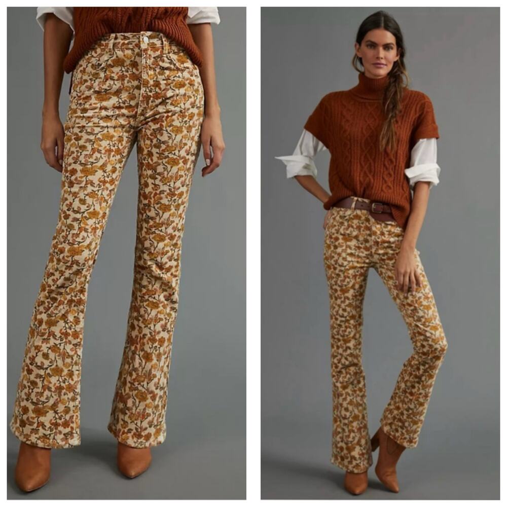 Anthropologie Pilcro The Icon Corduroy Floral Flare Pants Size 25 Yellow 70s